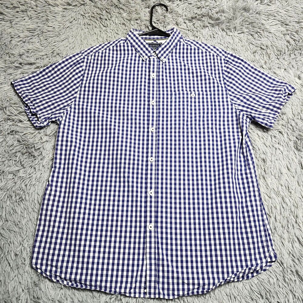 On The‎ Road Shirt Mens XL Blue White Gingham Check Button Down Slim Fit Casual